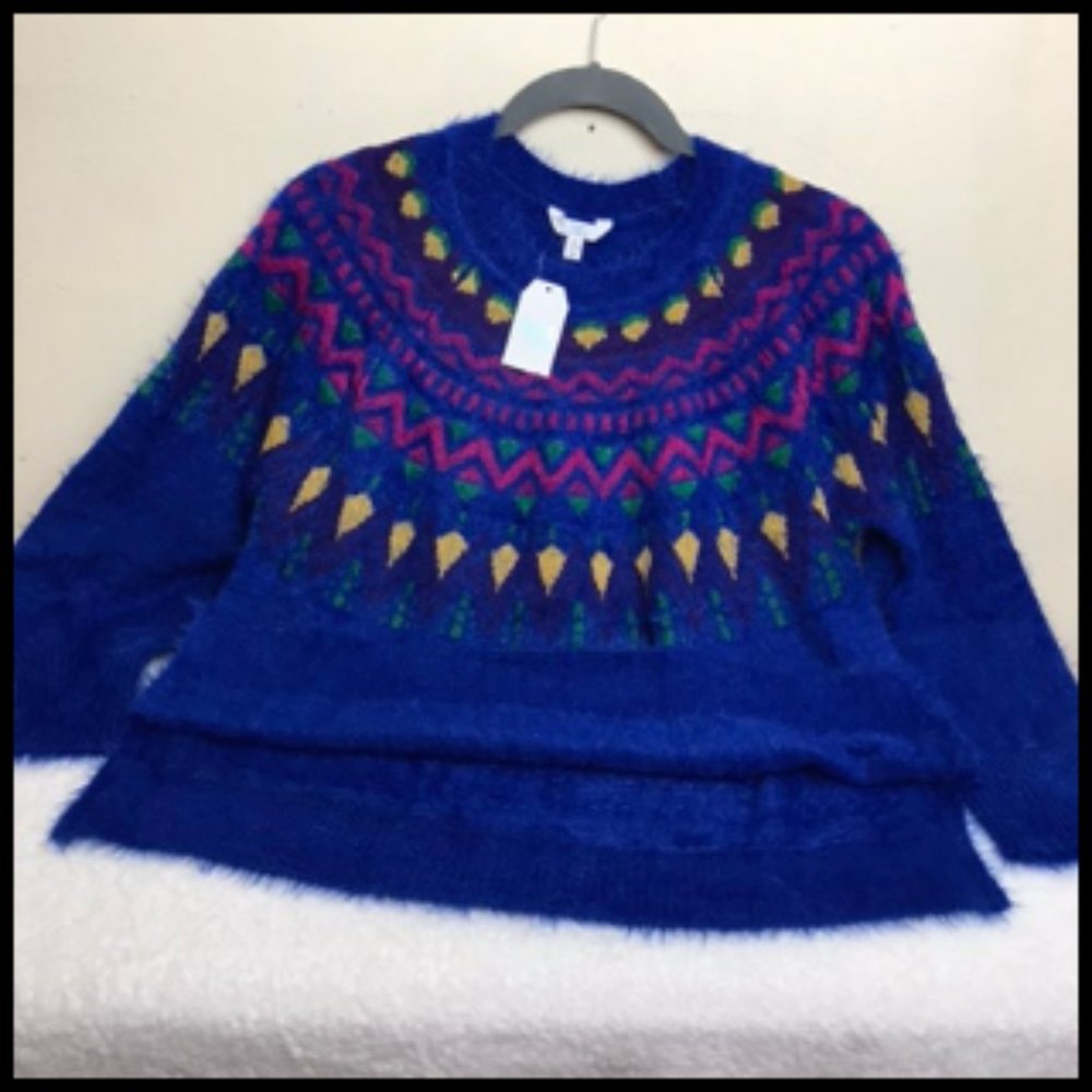 NEW!  Soft Fluffy Royal Blue Fair Isle Sweater  XL - Picture 7 of 8